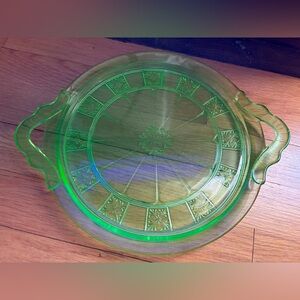 Vintage Jeanette Doric Green Uranium Glass Double Handled Serving Plate 12 1/2”
